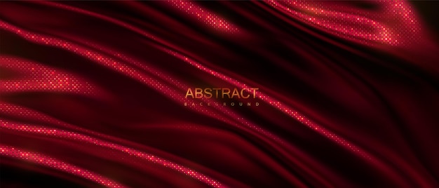 Vector abstract background of red wavy textile with golden glitters pattern