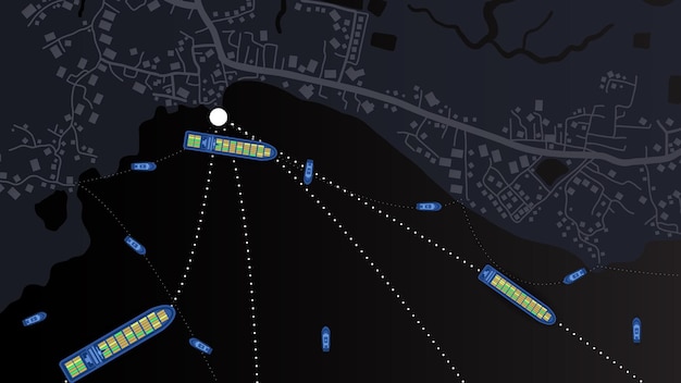 Vector abstract background of route navigation location map with cruise ship and yacht and cargo container ship