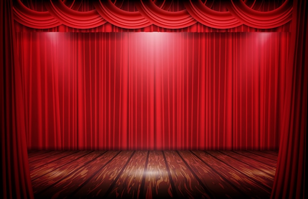 Abstract background stage of red curtain and wooden floor