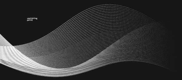曲線線による運動の黒い点の上の抽象的な背景ベクトルイラスト 粒子の流れ波 孤立した単色白黒イラスト