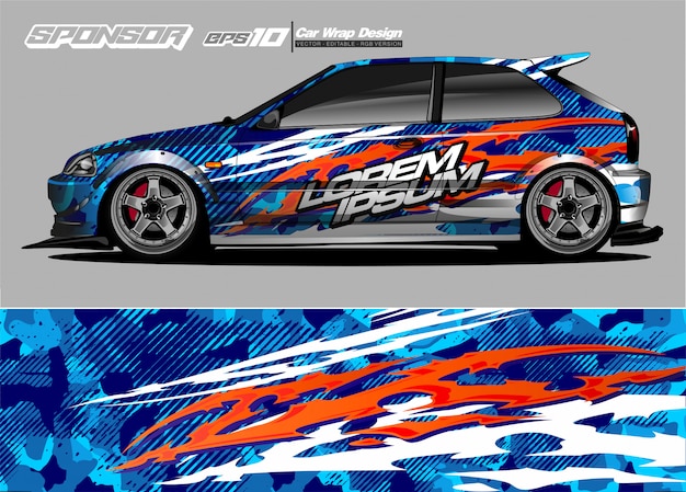 レースカーのラップデザインと車両のカラーリングの抽象的な背景のベクトル