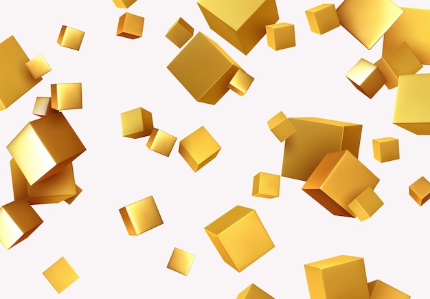 Fondo astratto con il colore dell'oro dei cubi 3d. blocco oggetto geometrico, quadrato modello. illustrazione vettoriale
