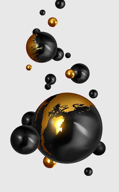Abstract background with 3d spheres. Realistic group balls of black and gold color. modern minimal design with levitation balls. Glossy bubbles. Trendy banner or poster, cover. Vector illustration