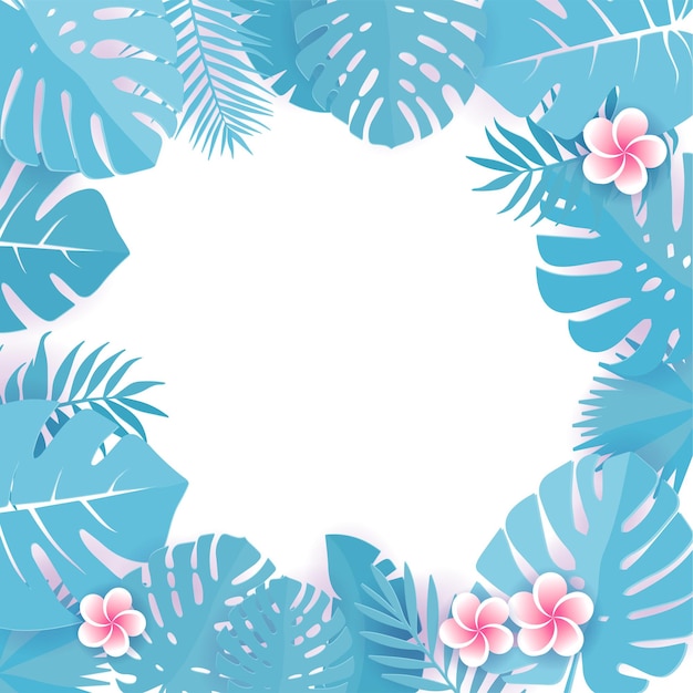 Vector abstract background with blue cyan tropical leaves.  frangipani flowers. floral caper cut design background.