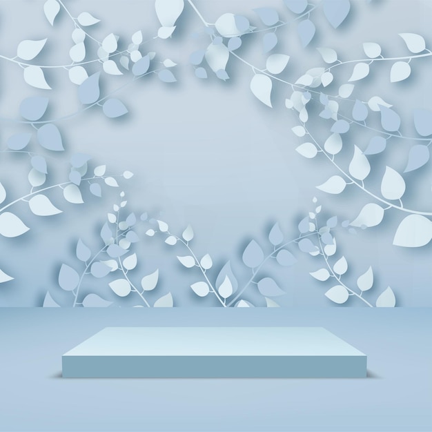 Abstract background with branches and leaves and blue podium. vector.