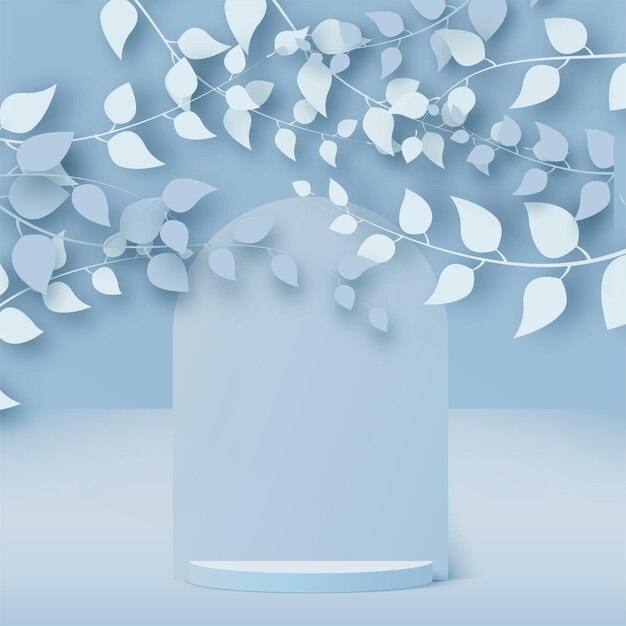 Abstract background with branches and leaves and blue podium. Vector.