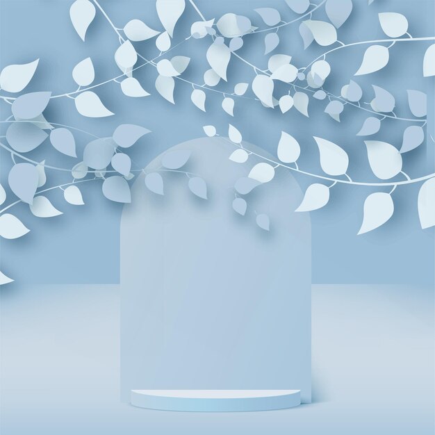 Abstract background with branches and leaves and blue podium. vector.