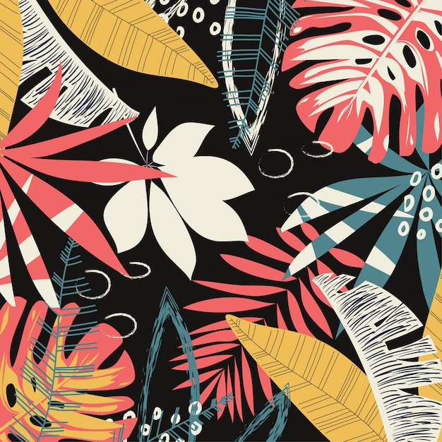 Abstract background with bright tropical leaves and plants