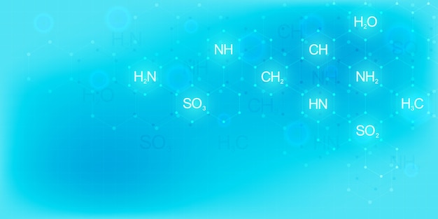 Sfondo astratto con formule chimiche e strutture molecolari. design del modello con il concetto e l'idea per la scienza e la tecnologia dell'innovazione.