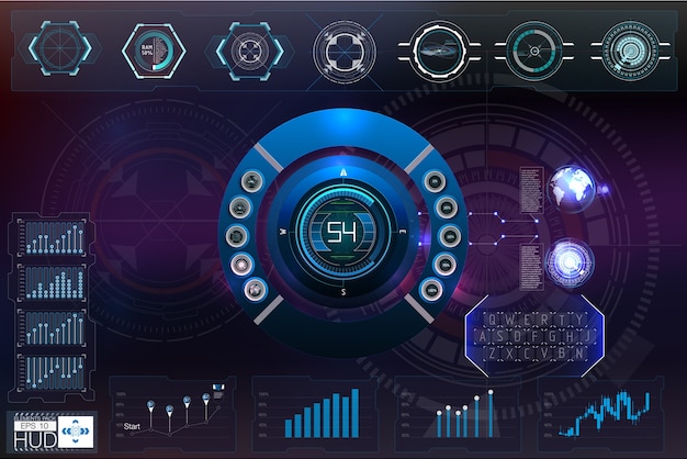 Vettore sfondo astratto con diversi elementi dell'hud. elementi hud, grafico. illustrazione elementi di visualizzazione head-up per elementi infografici.