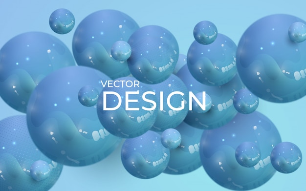 Vector abstract background with dynamic 3d spheres. plastic pastel blue bubbles.