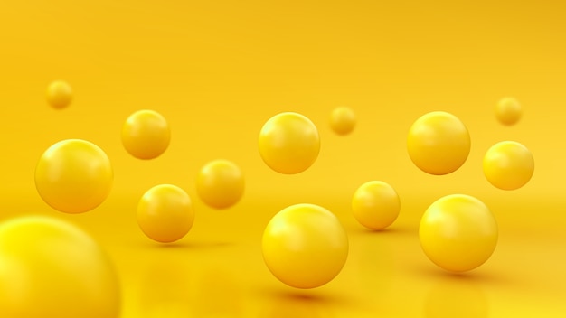 Abstract background with dynamic 3d spheres. yellow bubbles. of glossy balls. modern trendy banner design