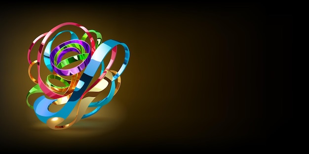 Abstract background with a figure made of intertwined multicolored shiny metallic ribbons on a dark background