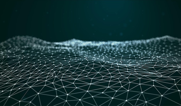 abstract background with glowing wave sea and water dots lines and triangular polygons futuristic digital pattern data network technology mesh dark vector concept of science cyber space flow