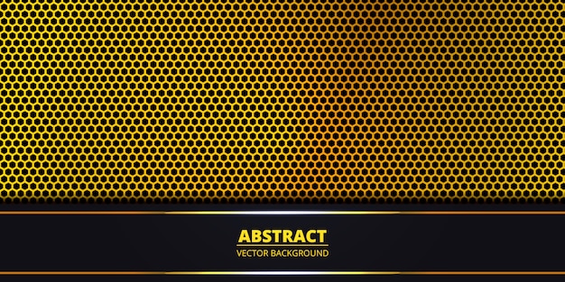 Abstract background with gold hexagon carbon fiber grid with dark and light luminous lines