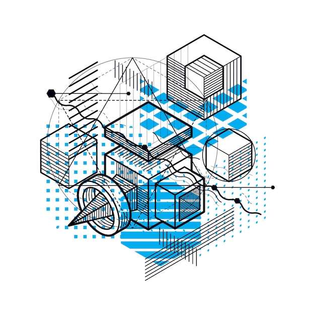 abstract background with isometric elements, vector linear art with lines and shapes. cubes, hexagons, squares, rectangles and different abstract elements.