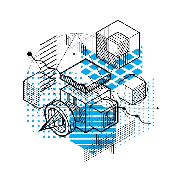 Абстрактный фон с изометрическими элементами, векторное линейное искусство с линиями и формами. Кубы, шестиугольники, квадраты, прямоугольники и различные абстрактные элементы.