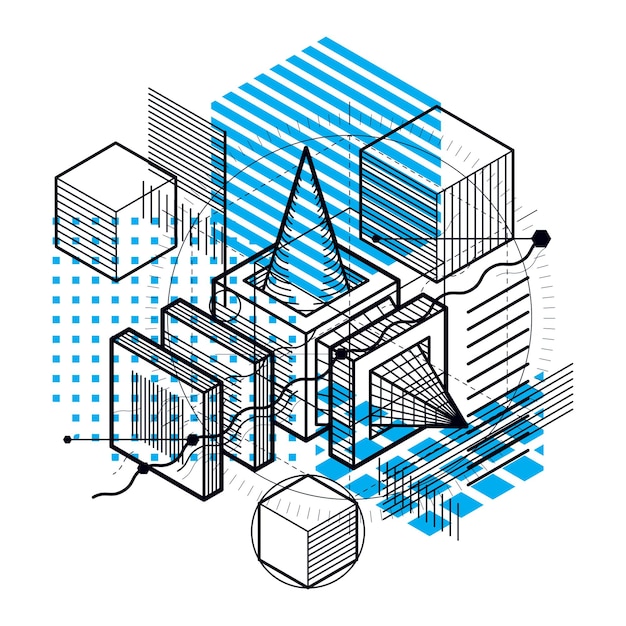 Abstract background with isometric elements, vector linear art with lines and shapes. Cubes, hexagons, squares, rectangles and different abstract elements.