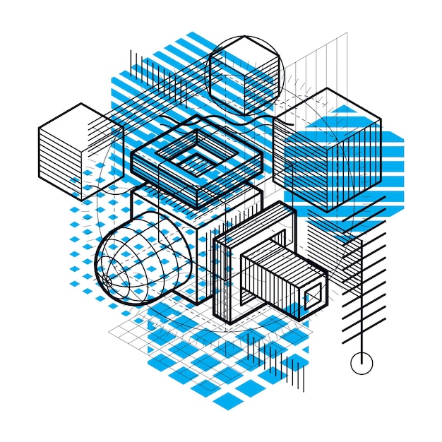 Abstract background with isometric elements, vector linear art with lines and shapes. Cubes, hexagons, squares, rectangles and different abstract elements.