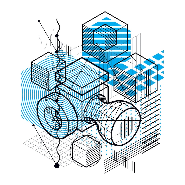 Vector abstract background with isometric elements, vector linear art with lines and shapes. cubes, hexagons, squares, rectangles and different abstract elements.