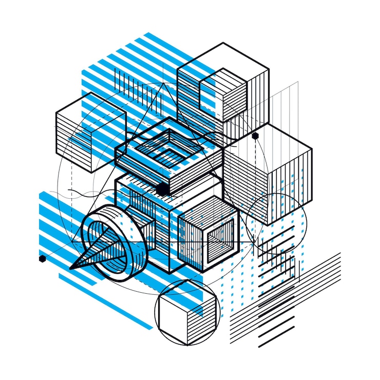 Vector abstract background with isometric elements, vector linear art with lines and shapes. cubes, hexagons, squares, rectangles and different abstract elements.