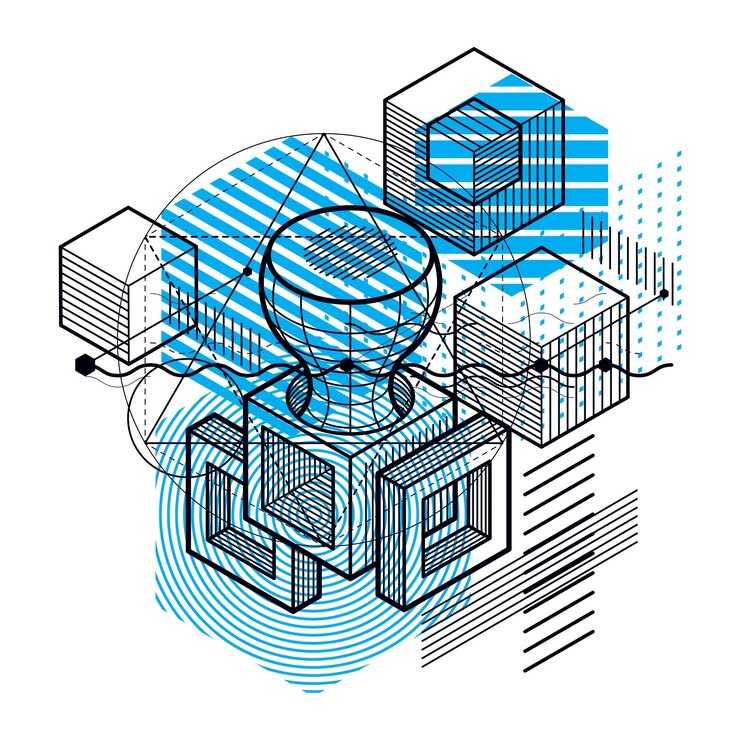 Vector abstract background with isometric elements, vector linear art with lines and shapes. cubes, hexagons, squares, rectangles and different abstract elements.
