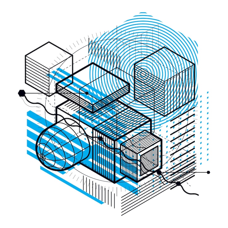 Vector abstract background with isometric elements, vector linear art with lines and shapes. cubes, hexagons, squares, rectangles and different abstract elements.