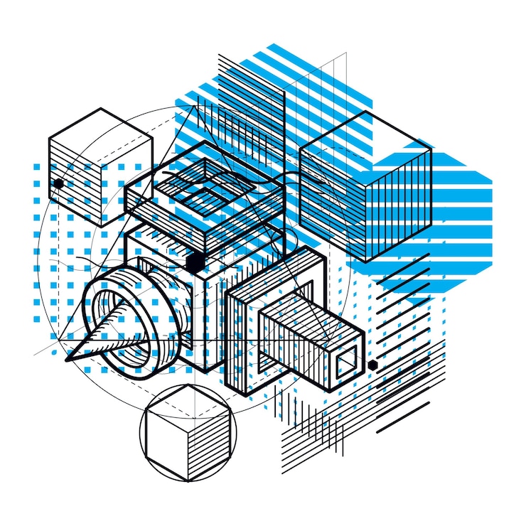 Vector abstract background with isometric elements, vector linear art with lines and shapes. cubes, hexagons, squares, rectangles and different abstract elements.