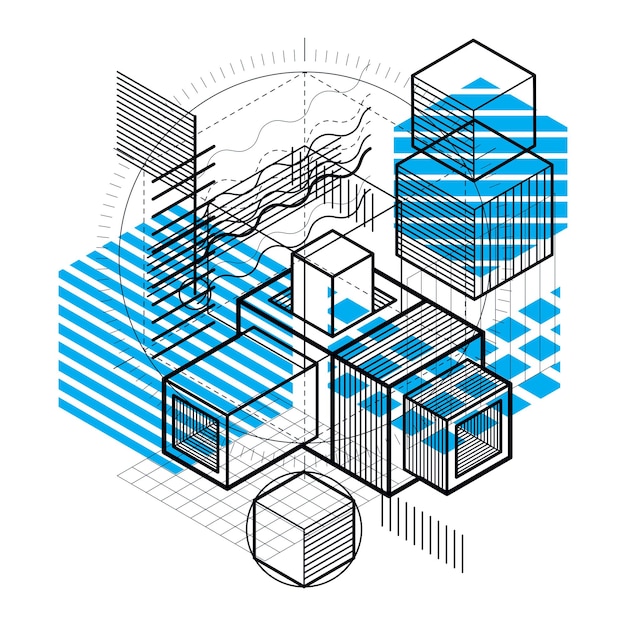 等角投影要素、線や形のベクトル線形アートと抽象的な背景。立方体、六角形、正方形、長方形、およびさまざまな抽象的な要素。