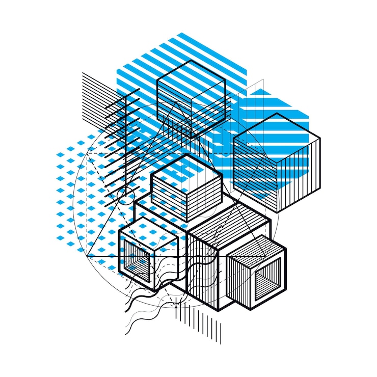 Vector abstract background with isometric elements, vector linear art with lines and shapes. cubes, hexagons, squares, rectangles and different abstract elements.