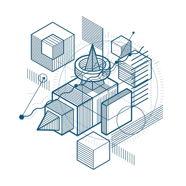 Абстрактный фон с изометрическими элементами, векторное линейное искусство с линиями и формами. Кубы, шестиугольники, квадраты, прямоугольники и различные абстрактные элементы.
