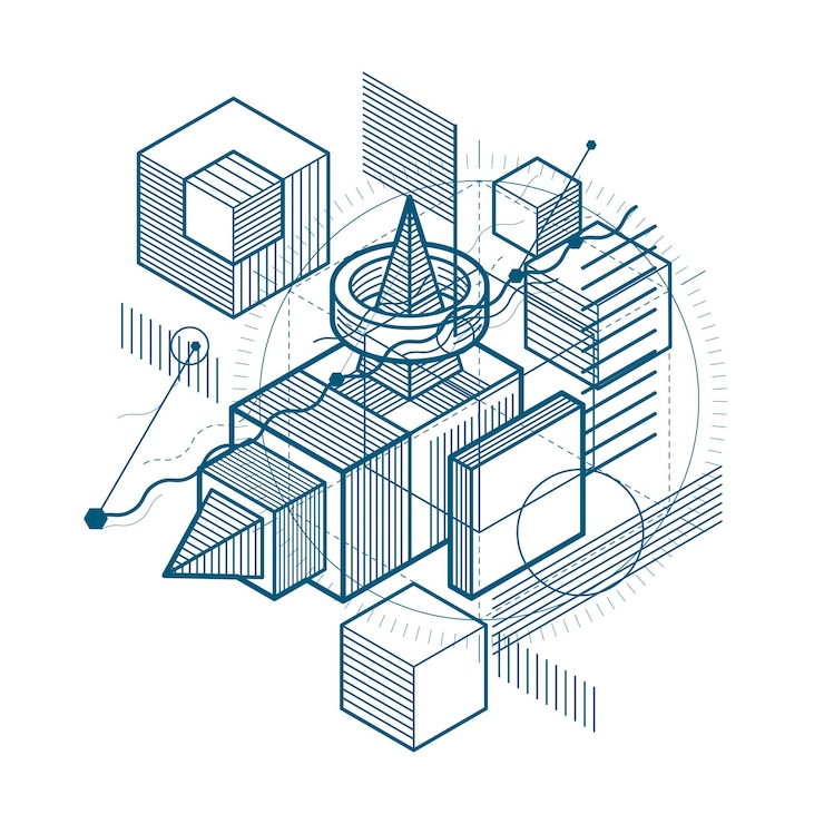 Vector abstract background with isometric elements, vector linear art with lines and shapes. cubes, hexagons, squares, rectangles and different abstract elements.
