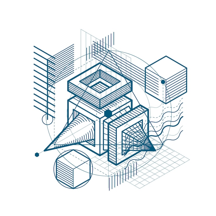 Vector abstract background with isometric elements, vector linear art with lines and shapes. cubes, hexagons, squares, rectangles and different abstract elements.