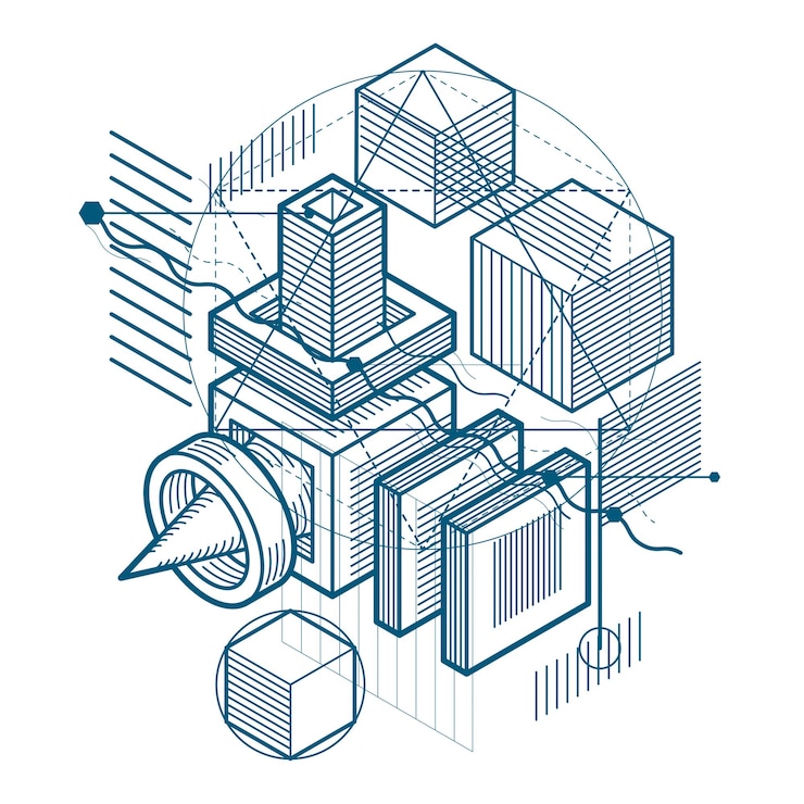 Vector abstract background with isometric elements, vector linear art with lines and shapes. cubes, hexagons, squares, rectangles and different abstract elements.