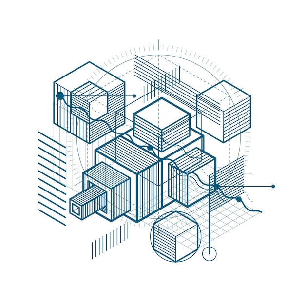 Abstract background with isometric elements, vector linear art with lines and shapes. Cubes, hexagons, squares, rectangles and different abstract elements.