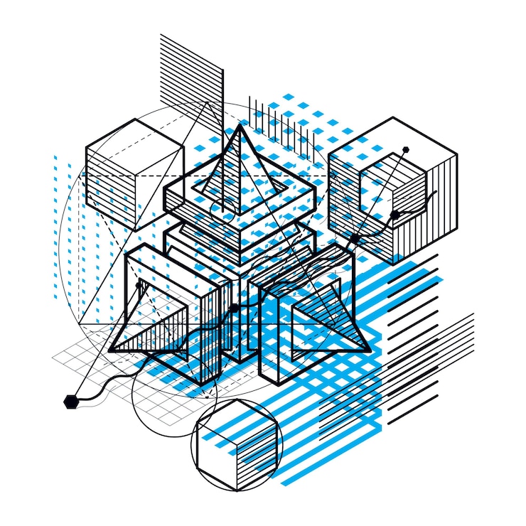 Vector abstract background with isometric elements, vector linear art with lines and shapes. cubes, hexagons, squares, rectangles and different abstract elements.