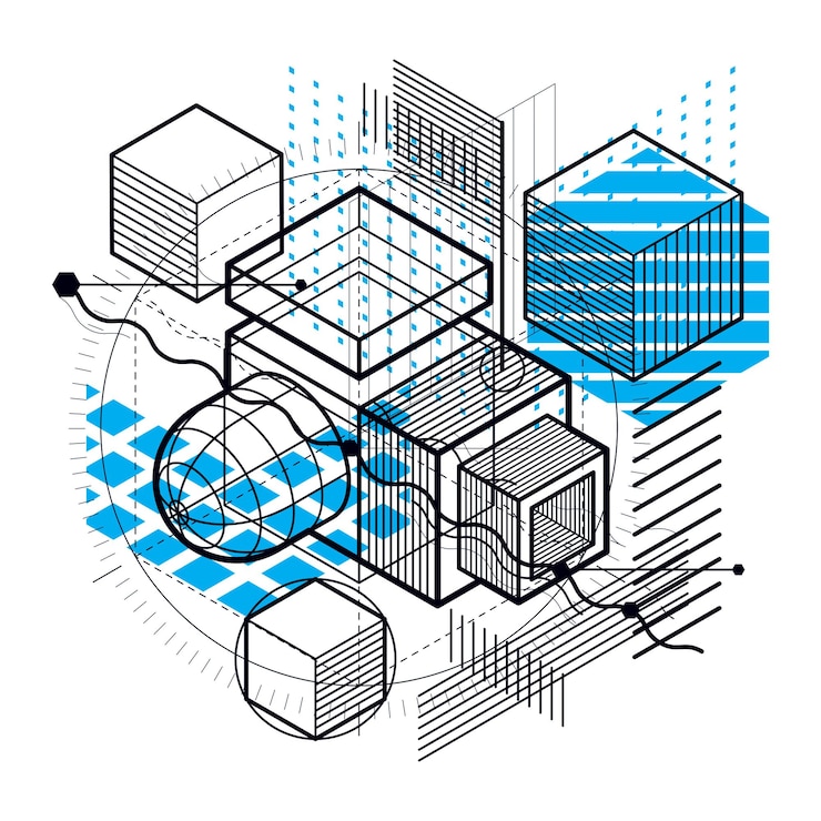 Vector abstract background with isometric elements, vector linear art with lines and shapes. cubes, hexagons, squares, rectangles and different abstract elements.