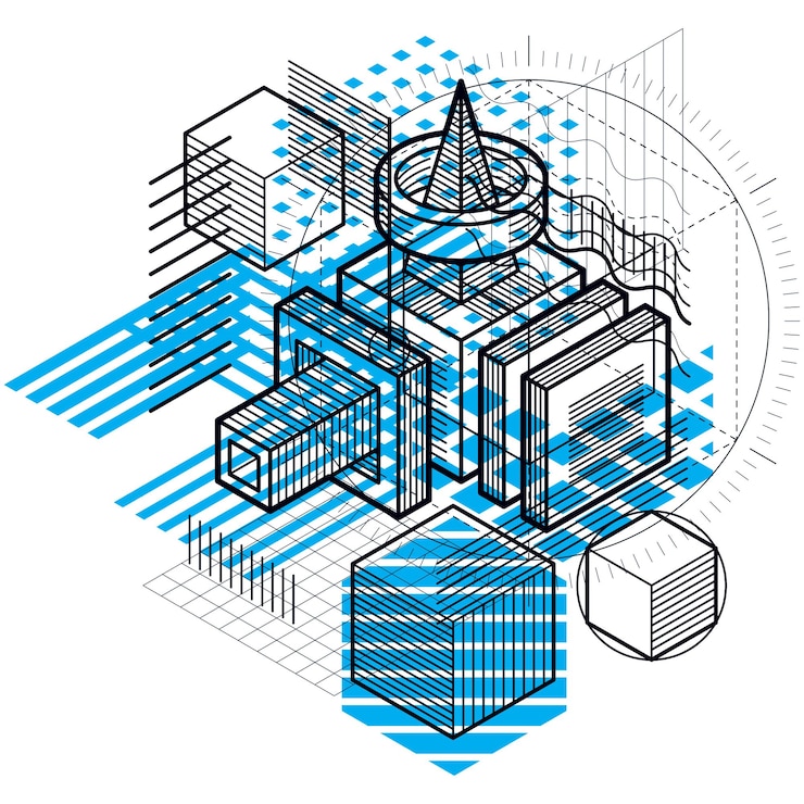 Vector abstract background with isometric elements, vector linear art with lines and shapes. cubes, hexagons, squares, rectangles and different abstract elements.