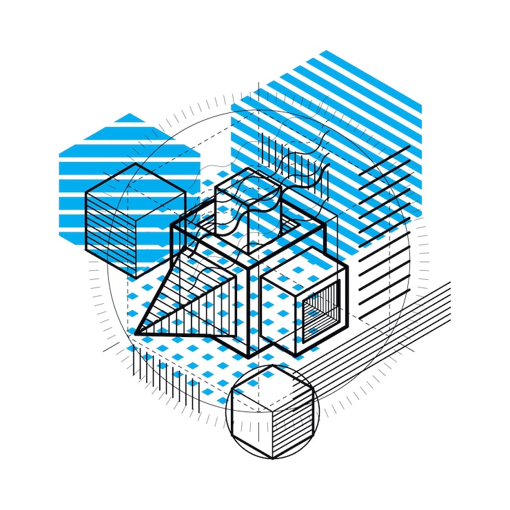 Vector abstract background with isometric elements, vector linear art with lines and shapes. cubes, hexagons, squares, rectangles and different abstract elements.