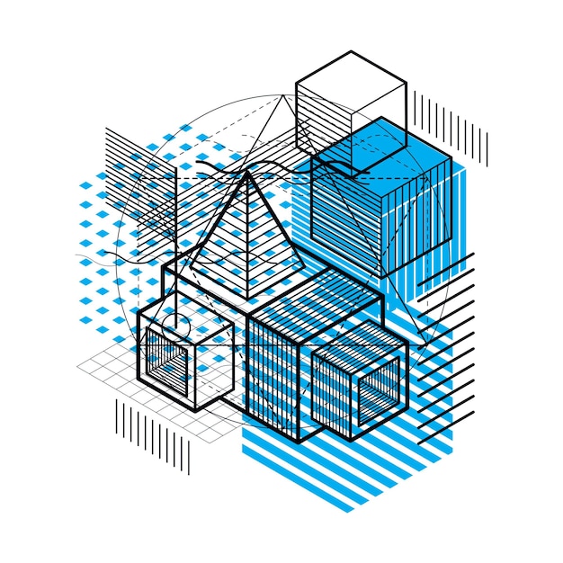 Абстрактный фон с изометрическими линиями, векторная иллюстрация. шаблон выполнен из кубов, шестиугольников, квадратов, прямоугольников и различных абстрактных элементов.