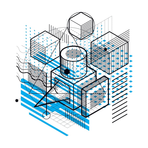 Abstract background with isometric lines, vector illustration. Template made with cubes, hexagons, squares, rectangles and different abstract elements.