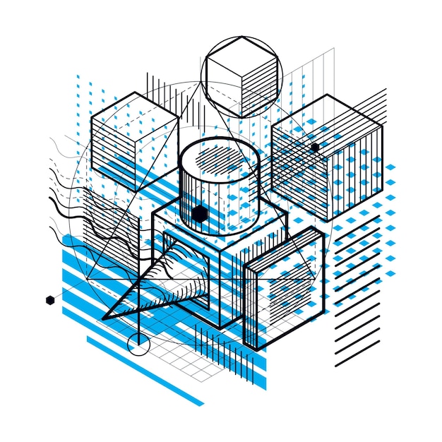 等角投影線、ベクトルイラストと抽象的な背景。立方体、六角形、正方形、長方形、およびさまざまな抽象的な要素で作成されたテンプレート。