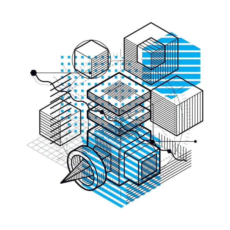 Vector abstract background with isometric lines, vector illustration. template made with cubes, hexagons, squares, rectangles and different abstract elements.