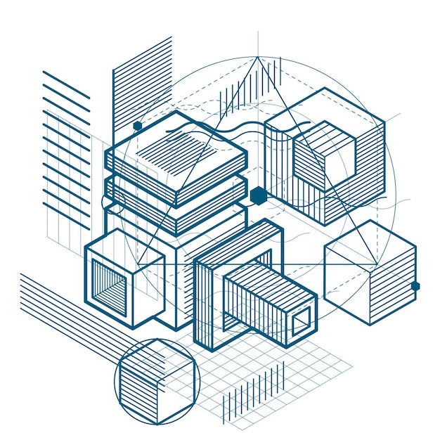 Abstract background with isometric lines, vector illustration. Template made with cubes, hexagons, squares, rectangles and different abstract elements.