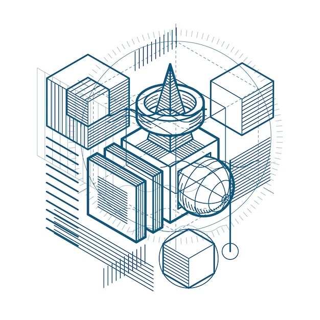 Abstract background with isometric lines, vector illustration. Template made with cubes, hexagons, squares, rectangles and different abstract elements.