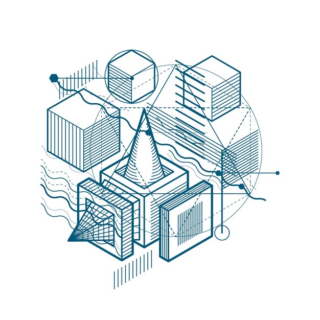 abstract background with isometric lines, vector illustration. template made with cubes, hexagons, squares, rectangles and different abstract elements.