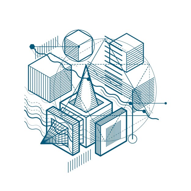 Sfondio astratto con linee isometriche, illustrazione vettoriale. modello realizzato con cubi, esagoni, quadrati, rettangoli e diversi elementi astratti.