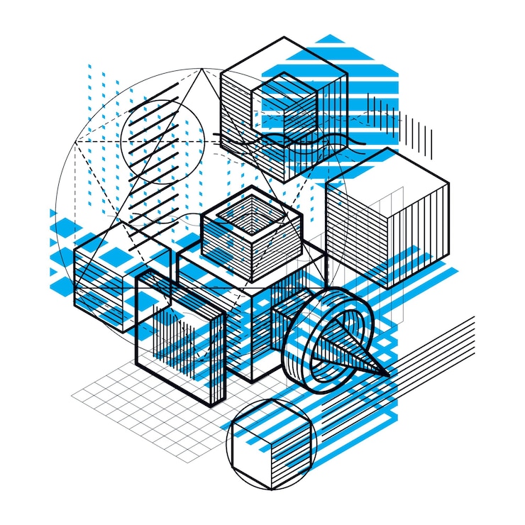 Vector abstract background with isometric lines, vector illustration. template made with cubes, hexagons, squares, rectangles and different abstract elements.