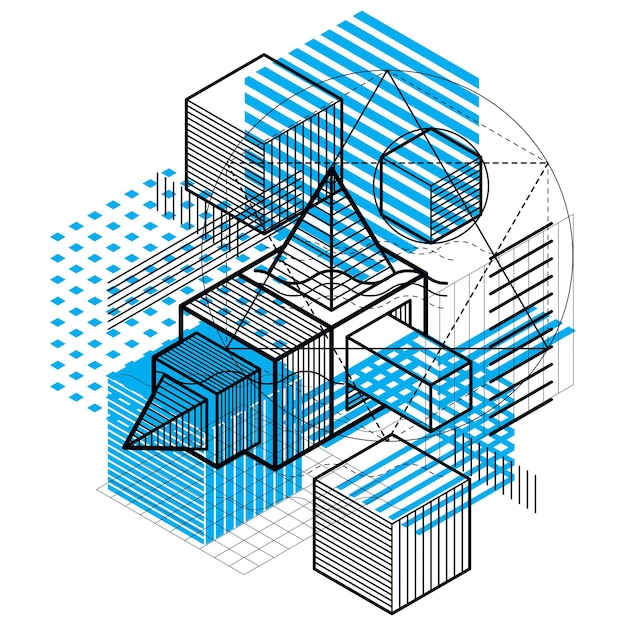 Абстрактный фон с изометрическими линиями, векторная иллюстрация. Шаблон выполнен из кубов, шестиугольников, квадратов, прямоугольников и различных абстрактных элементов.
