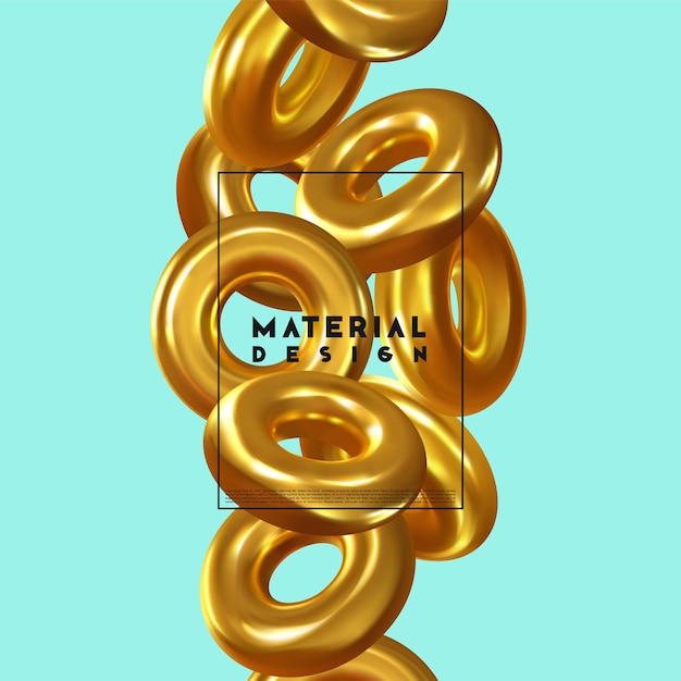 Abstract background with realistic geometric 3d tor, gold ring, donut shapes. vector illustration